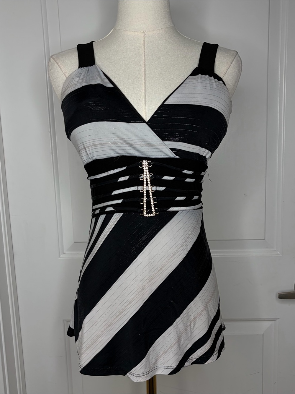 Vintage Y2K Black White Striped V Neck Strappy Tank Top Cute Coquette Party